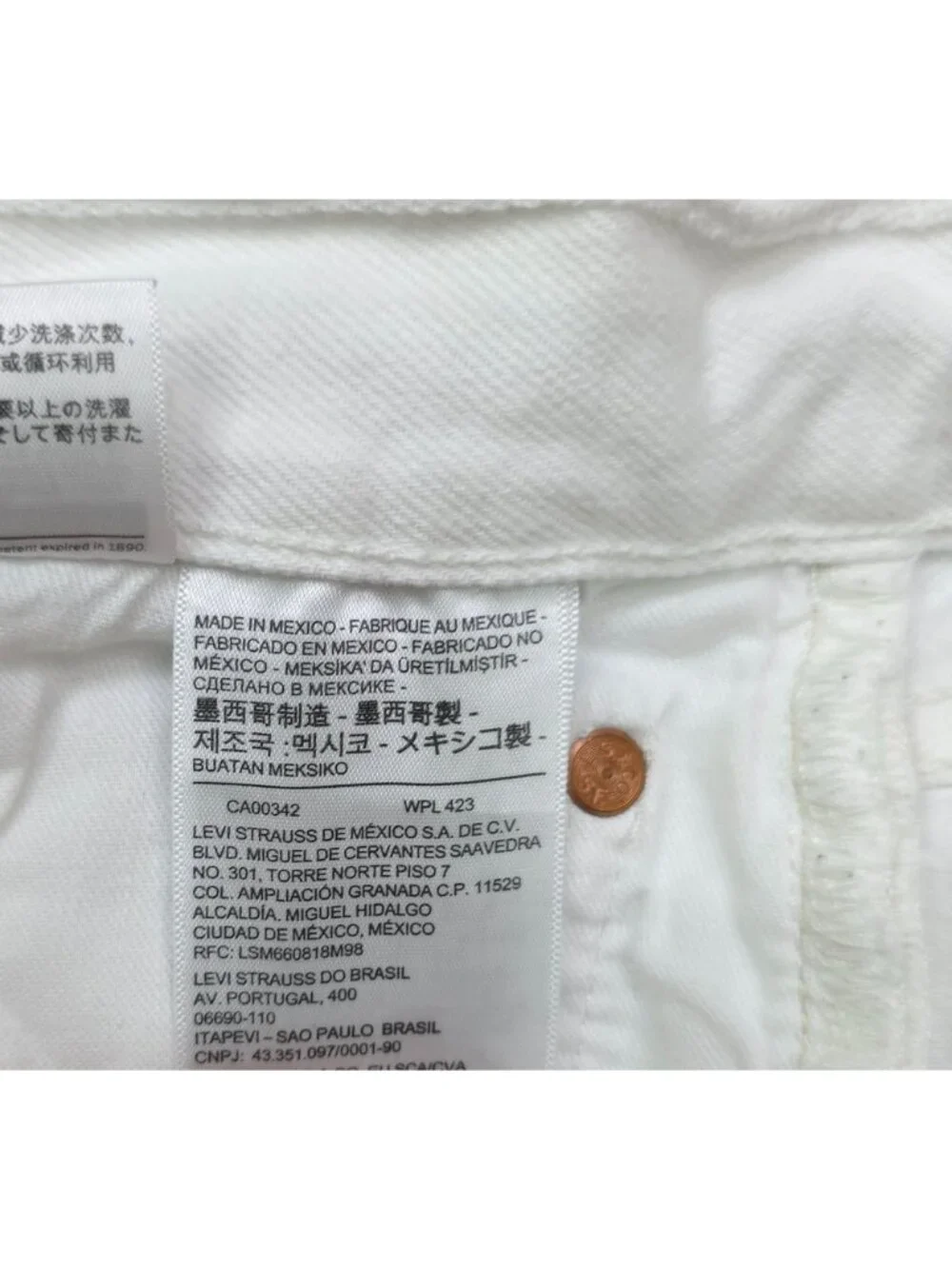 Levis White 501 Button-Fly Straight Leg Jeans W34 L32 100% Cotton Made In Mexico